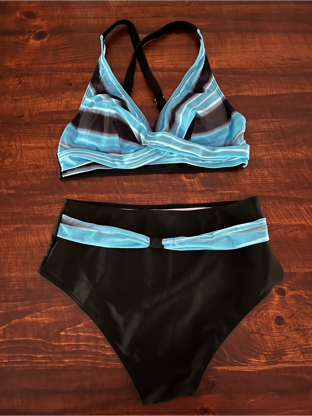 Amazon Blue Stripe Bralette Bikini Top with Black High-Waist Bottoms